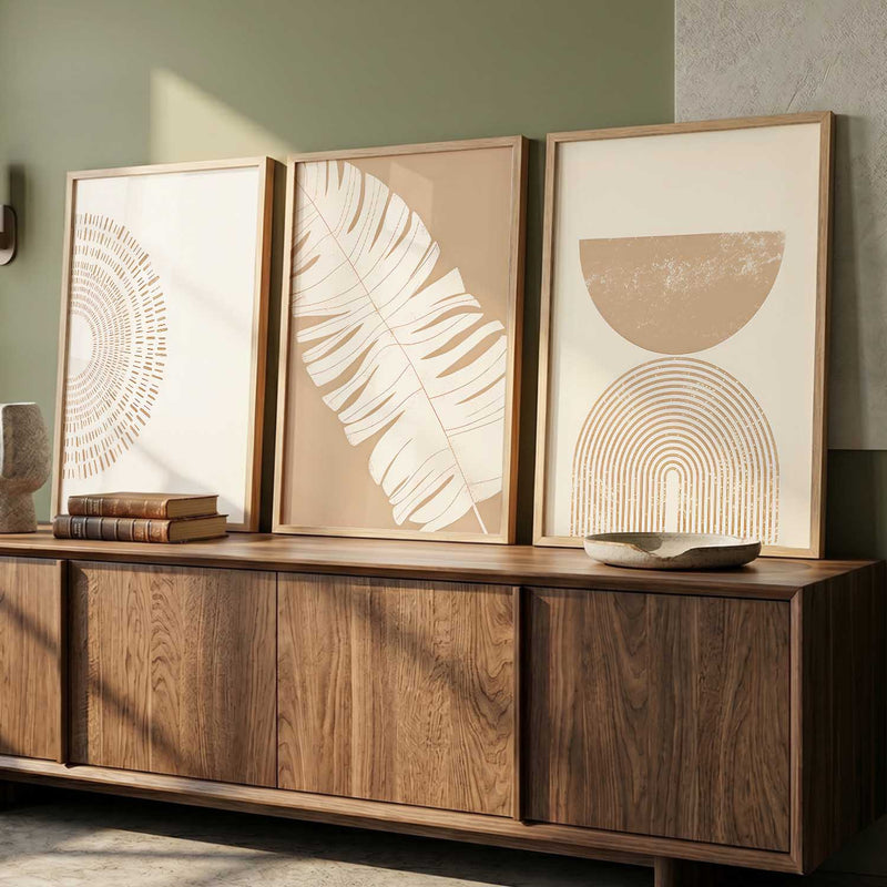 Warm Earthy Leaf Abstract Wall Art Set of 3 Framed Prints