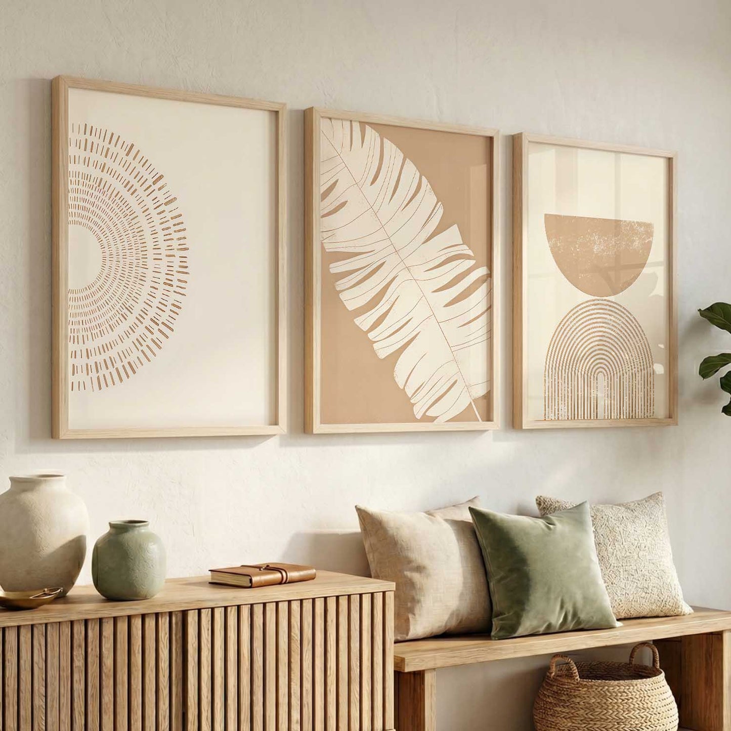 Warm Earthy Leaf Abstract Wall Art Set of 3 Framed Prints