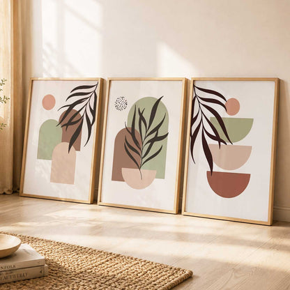 Warm Earthy Geometric Abstract Boho Wall Art Set of 3 Framed Prints