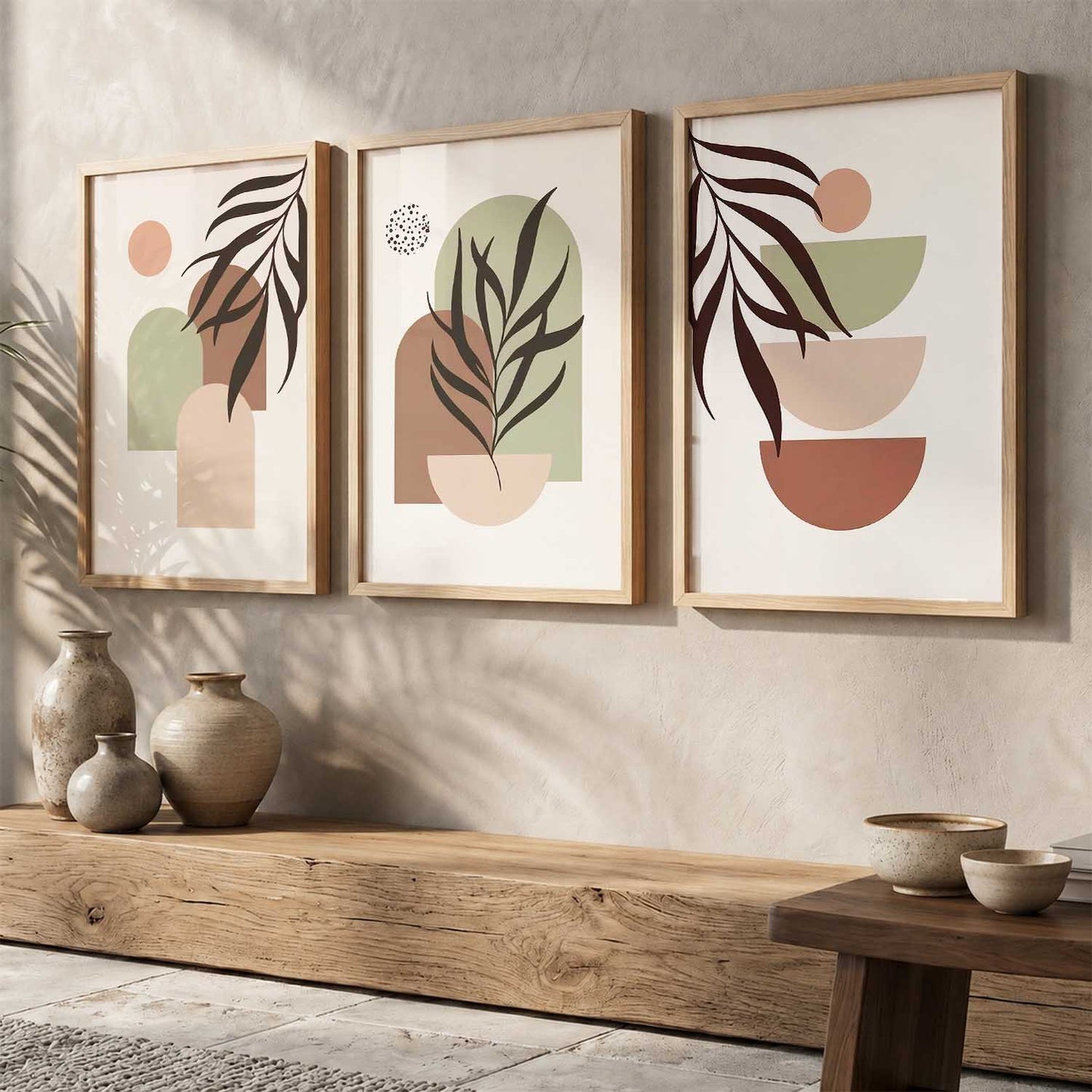 Warm Earthy Geometric Abstract Boho Wall Art Set of 3 Framed Prints