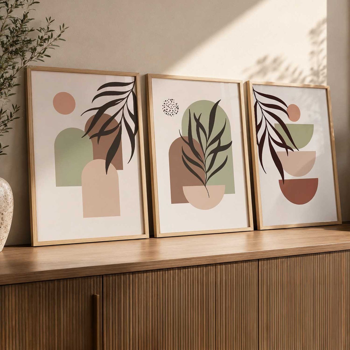 Warm Earthy Geometric Abstract Boho Wall Art Set of 3 Framed Prints
