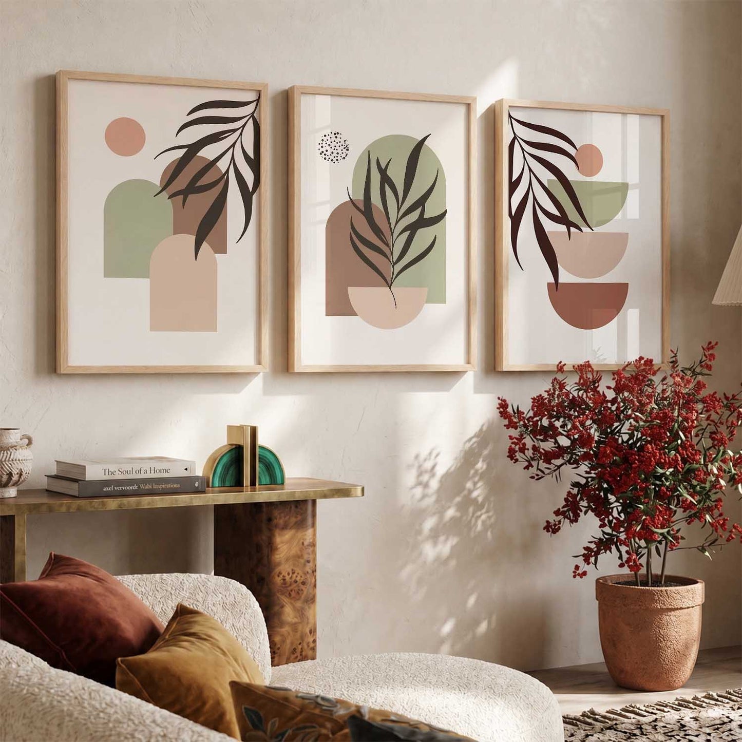 Warm Earthy Geometric Abstract Boho Wall Art Set of 3 Framed Prints