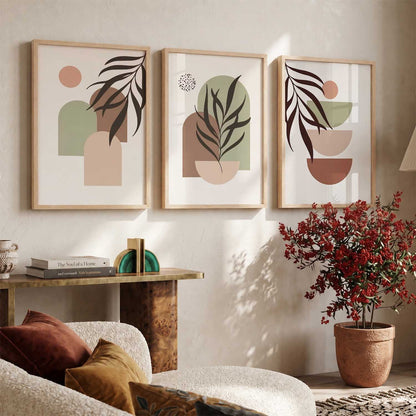 Warm Earthy Geometric Abstract Boho Wall Art Set of 3 Framed Prints