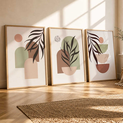 Warm Earthy Geometric Abstract Boho Wall Art Set of 3 Framed Prints