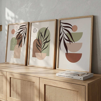 Warm Earthy Geometric Abstract Boho Wall Art Set of 3 Framed Prints