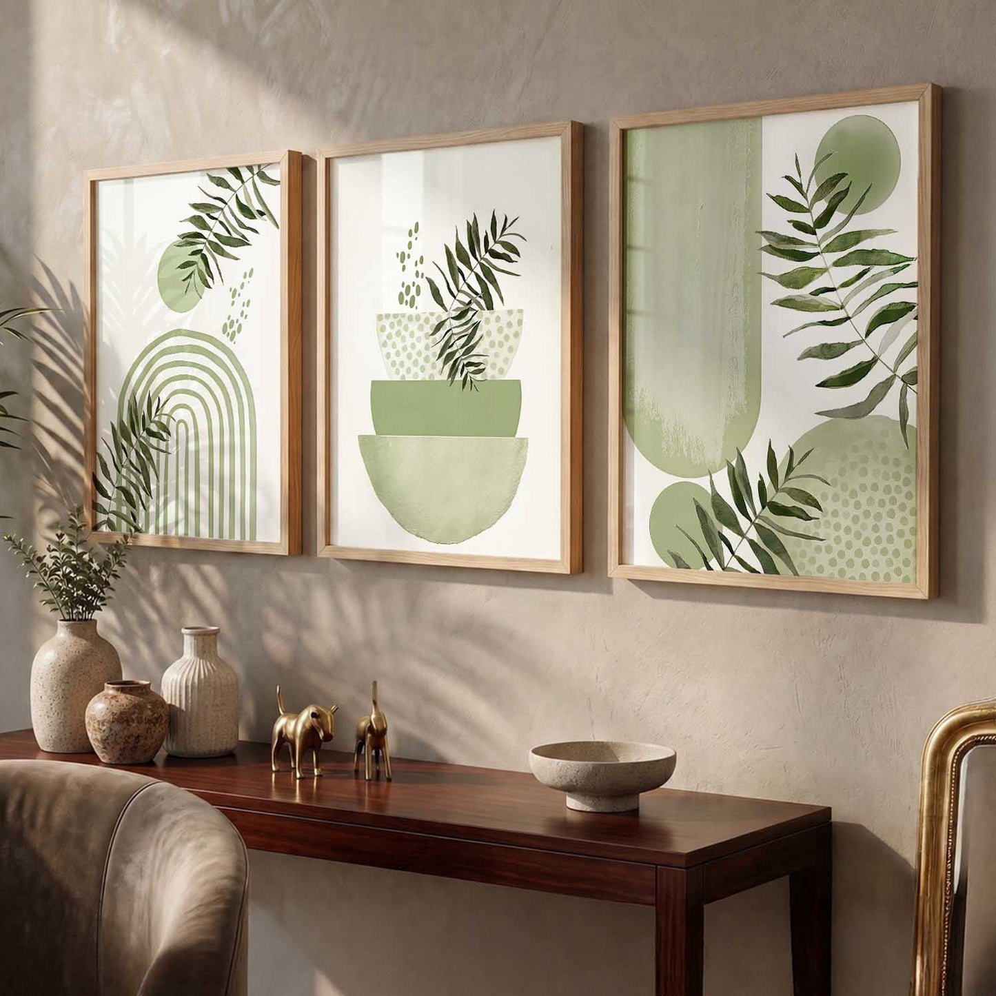 Earthy Leaf Silhouette Modern Wall Art Set of 3 Framed Prints