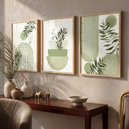 Earthy Leaf Silhouette Modern Wall Art Set of 3 Framed Prints