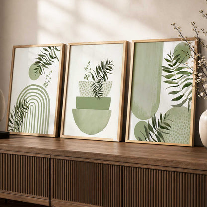 Earthy Leaf Silhouette Modern Wall Art Set of 3 Framed Prints