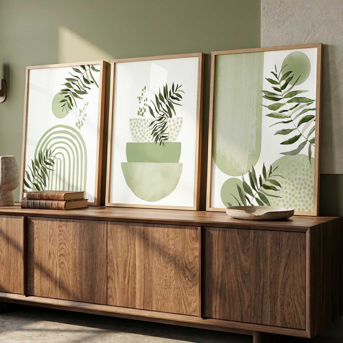 Earthy Leaf Silhouette Modern Wall Art Set of 3 Framed Prints