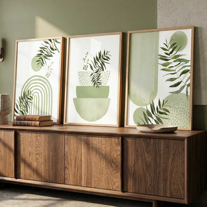 Earthy Leaf Silhouette Modern Wall Art Set of 3 Framed Prints