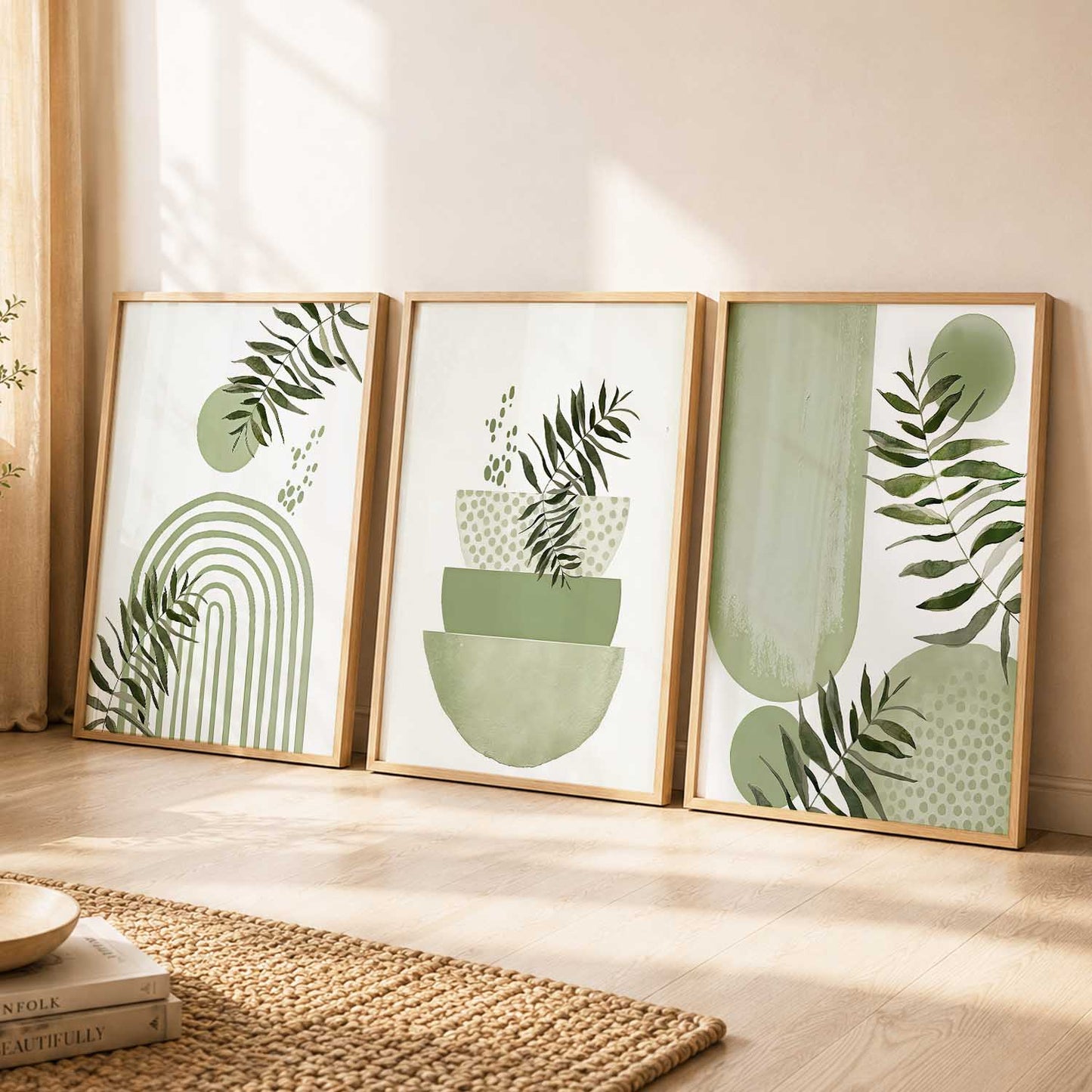 Earthy Leaf Silhouette Modern Wall Art Set of 3 Framed Prints