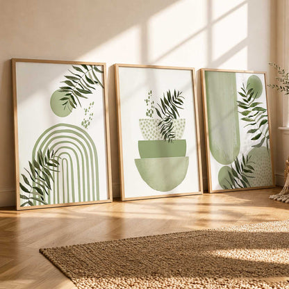 Earthy Leaf Silhouette Modern Wall Art Set of 3 Framed Prints