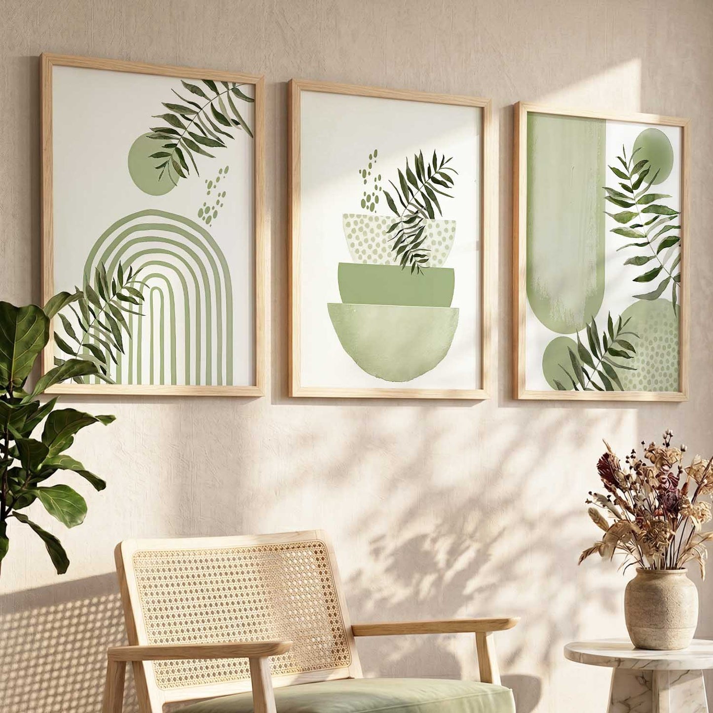 Earthy Leaf Silhouette Modern Wall Art Set of 3 Framed Prints