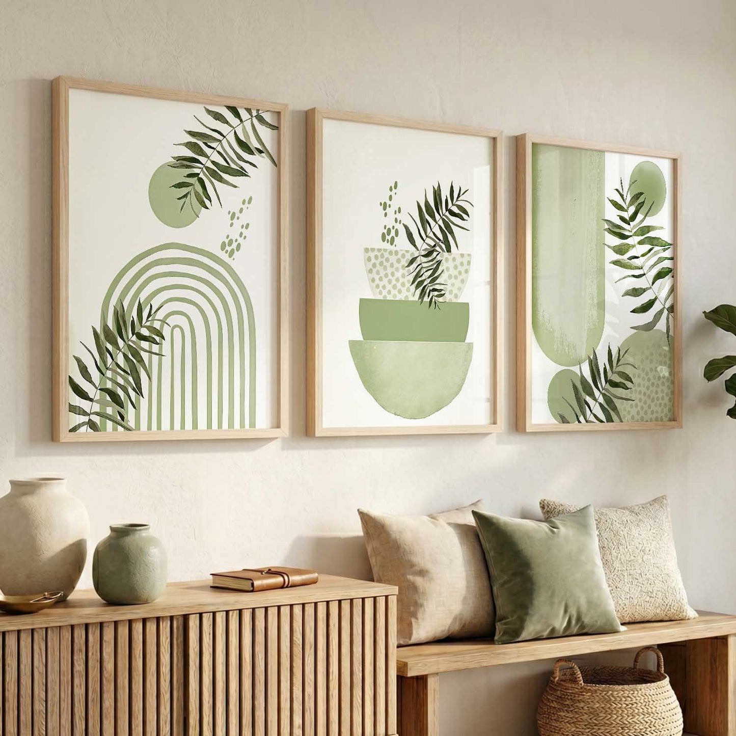 Earthy Leaf Silhouette Modern Wall Art Set of 3 Framed Prints