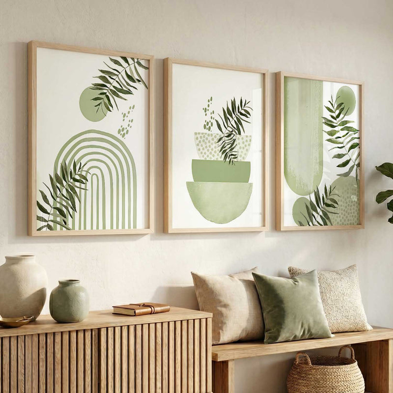 Earthy Leaf Silhouette Modern Wall Art Set of 3 Framed Prints