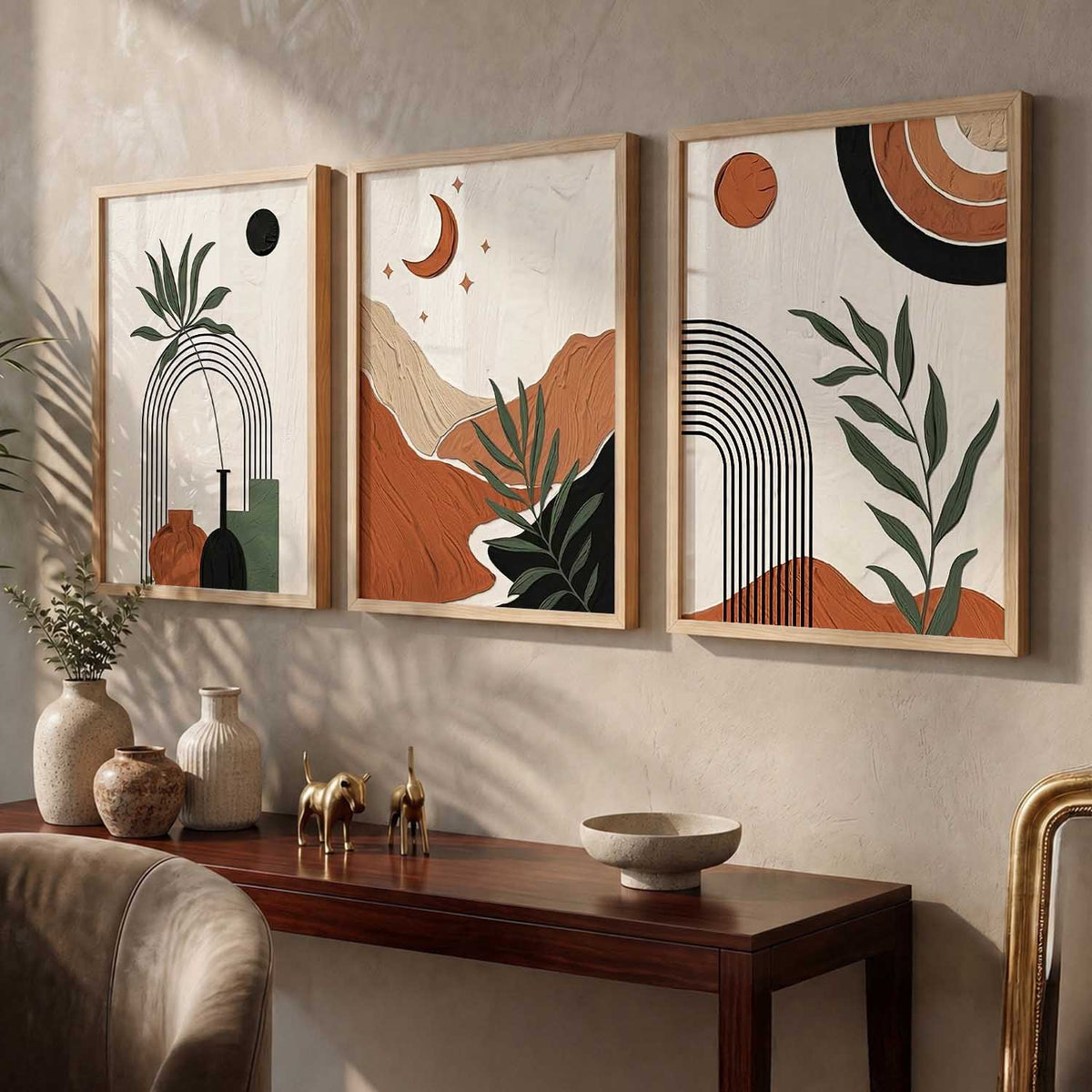 Terracotta Leaf Silhouette Wall Art Set of 3 Framed Prints