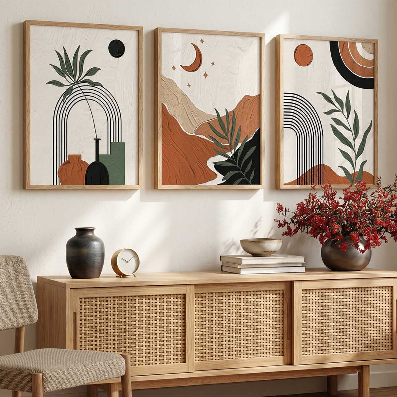 Terracotta Leaf Silhouette Wall Art Set of 3 Framed Prints