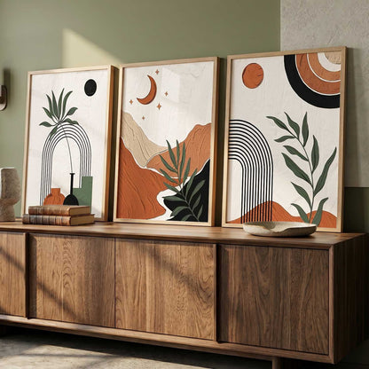 Terracotta Leaf Silhouette Wall Art Set of 3 Framed Prints