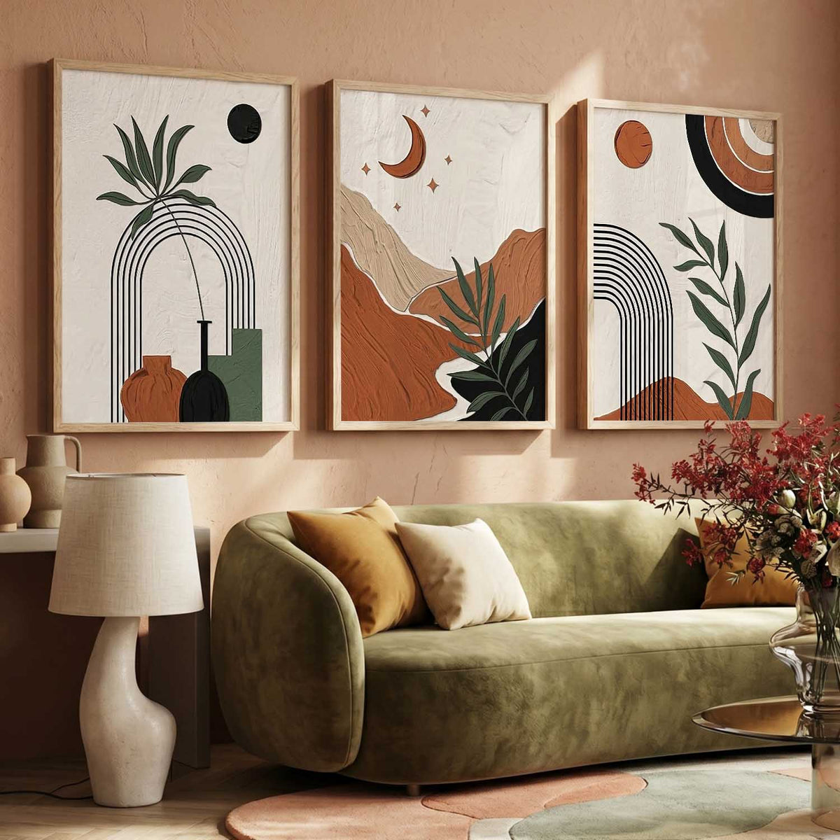 Terracotta Leaf Silhouette Wall Art Set of 3 Framed Prints