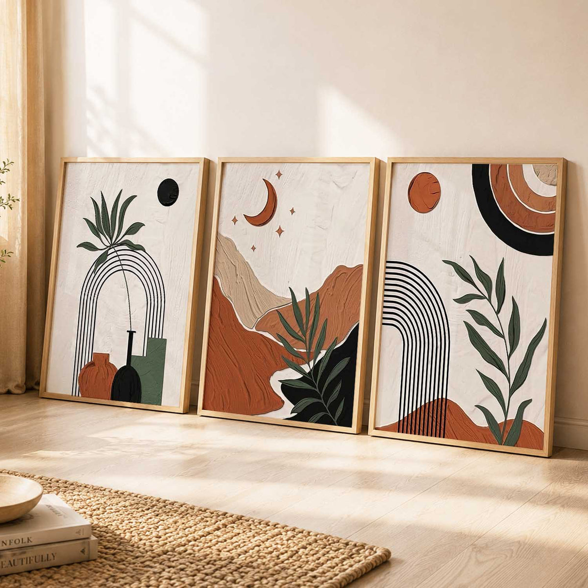 Terracotta Leaf Silhouette Wall Art Set of 3 Framed Prints