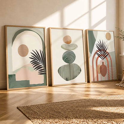 Abstract Boho Soft Wall Art Set of 3 Framed Prints