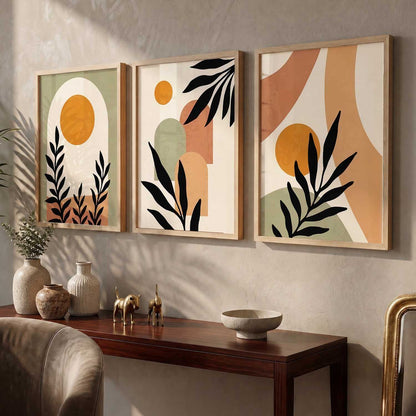 Abstract Boho Warm Wall Art Set of 3 Framed Prints