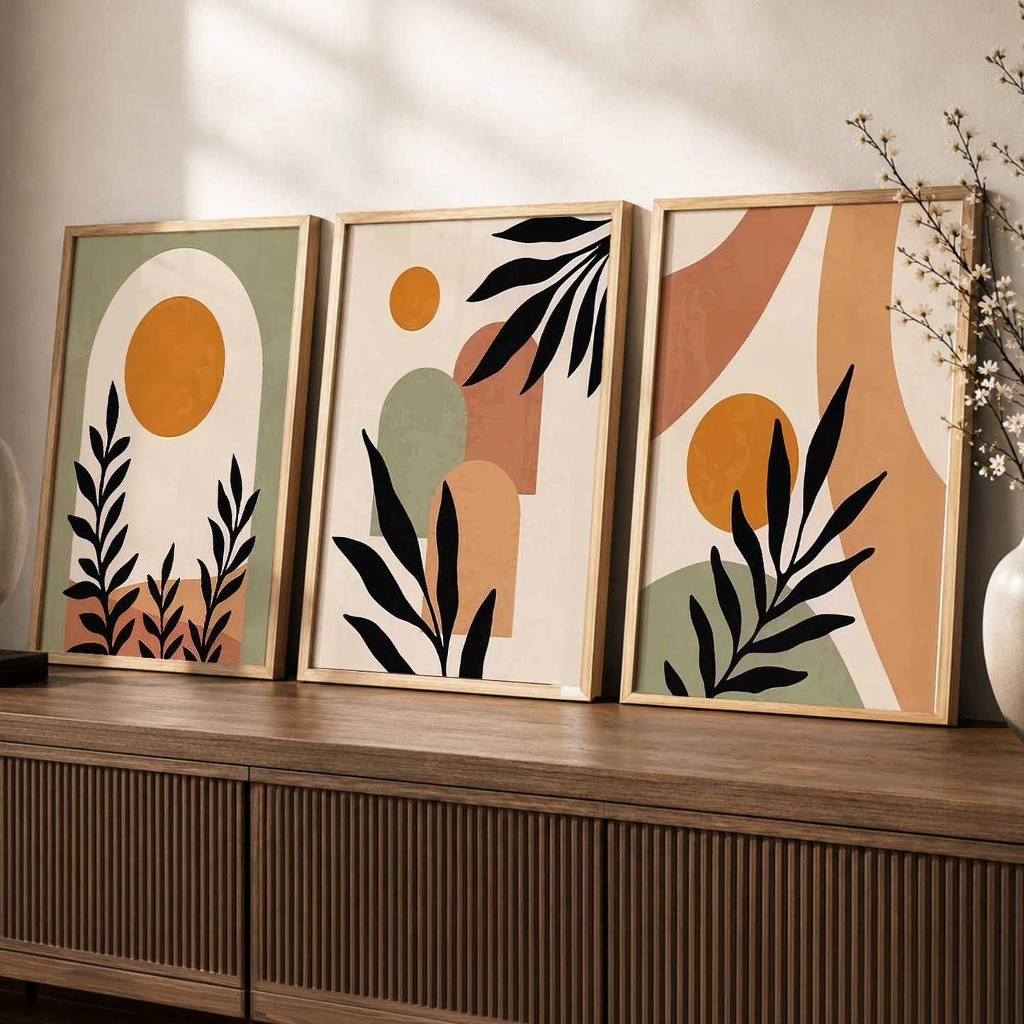Abstract Boho Warm Wall Art Set of 3 Framed Prints