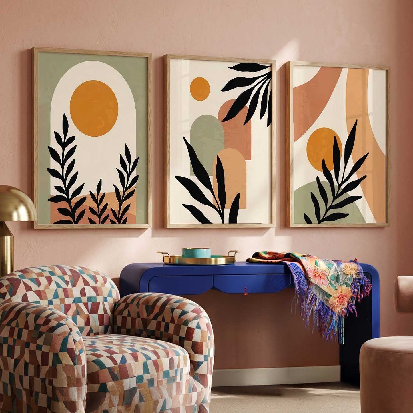 Abstract Boho Warm Wall Art Set of 3 Framed Prints