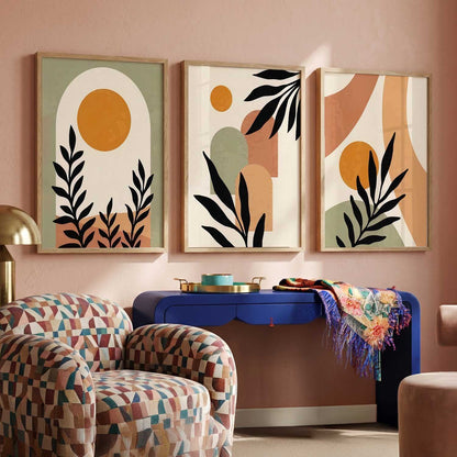 Abstract Boho Warm Wall Art Set of 3 Framed Prints