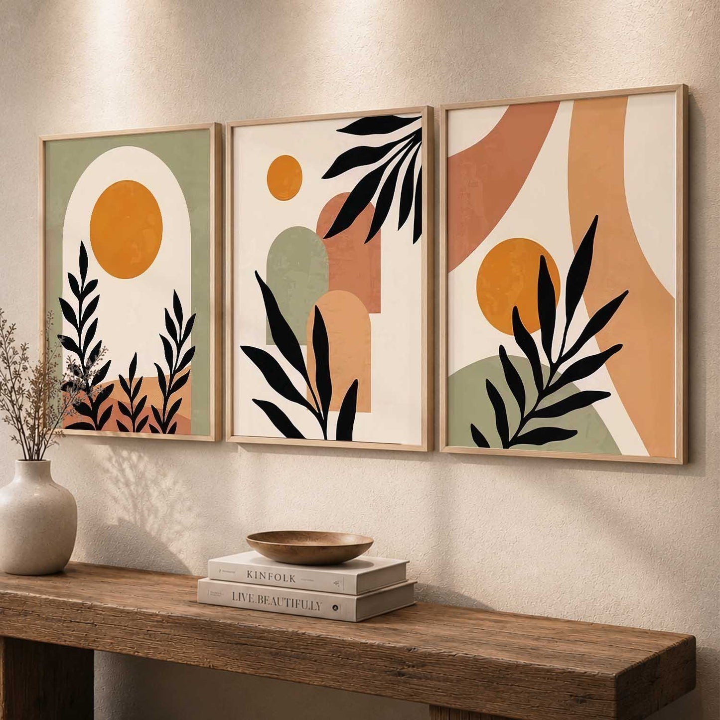 Abstract Boho Warm Wall Art Set of 3 Framed Prints