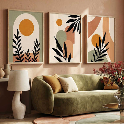 Abstract Boho Warm Wall Art Set of 3 Framed Prints