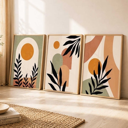 Abstract Boho Warm Wall Art Set of 3 Framed Prints