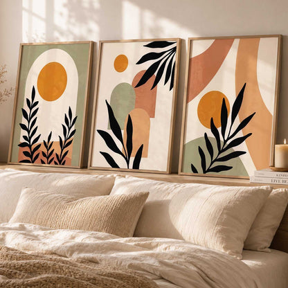 Abstract Boho Warm Wall Art Set of 3 Framed Prints