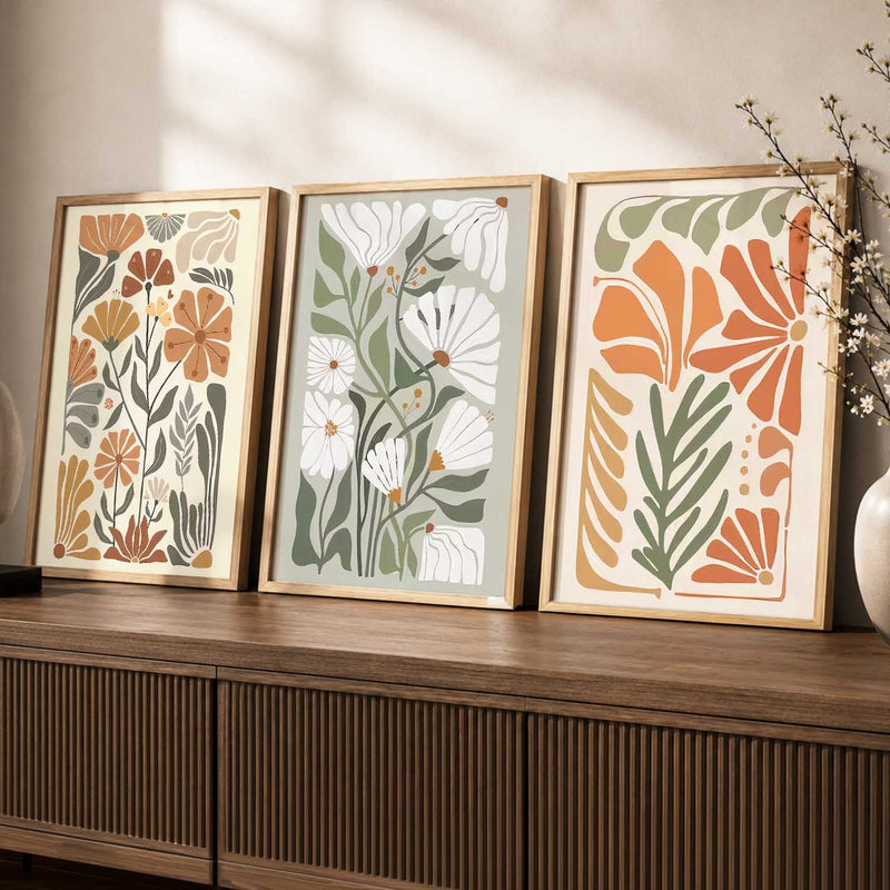 Earthy Floral Soft Wall Art Set of 3 Framed Prints