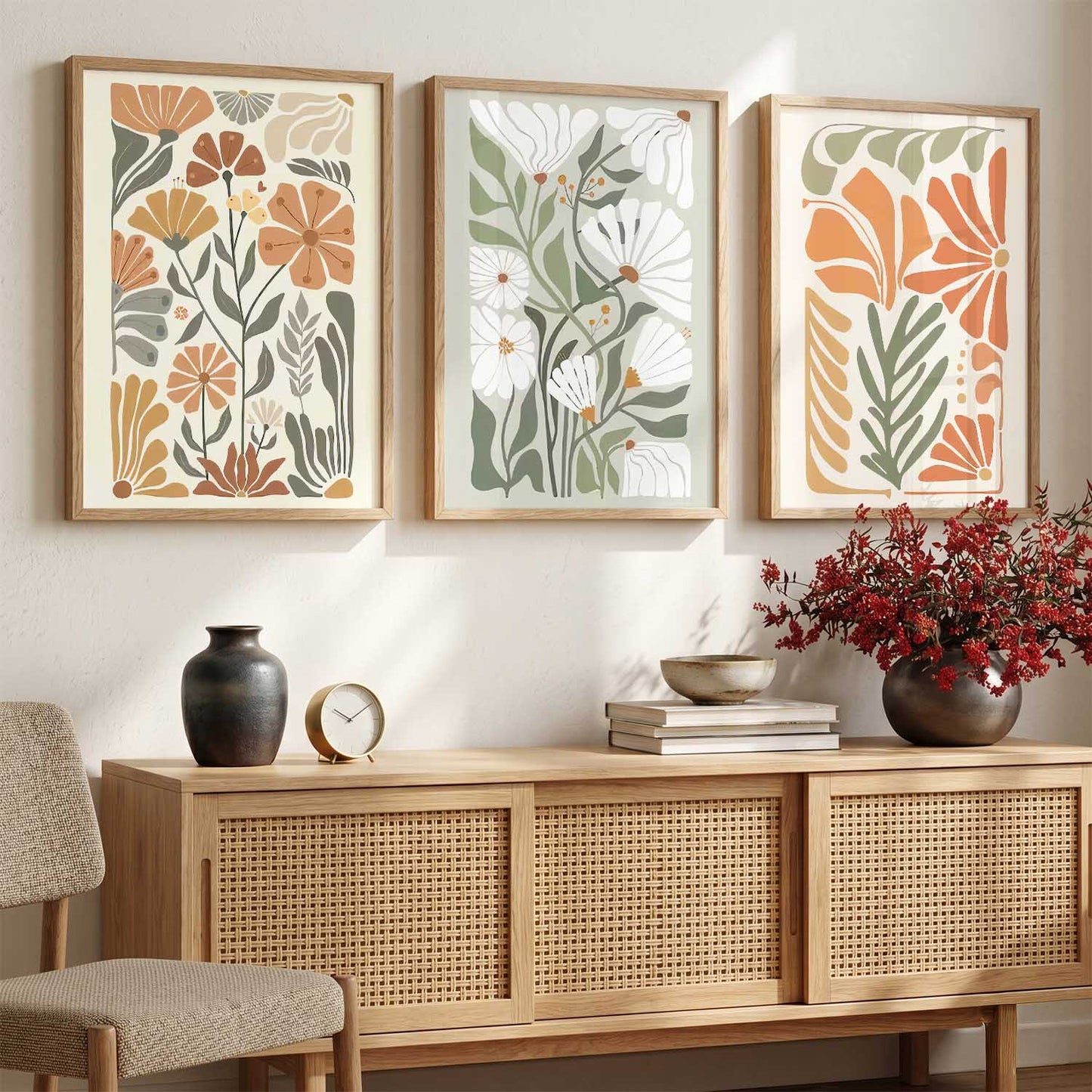Earthy Floral Soft Wall Art Set of 3 Framed Prints