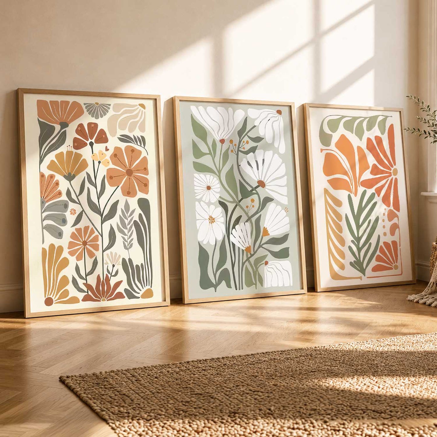 Earthy Floral Soft Wall Art Set of 3 Framed Prints