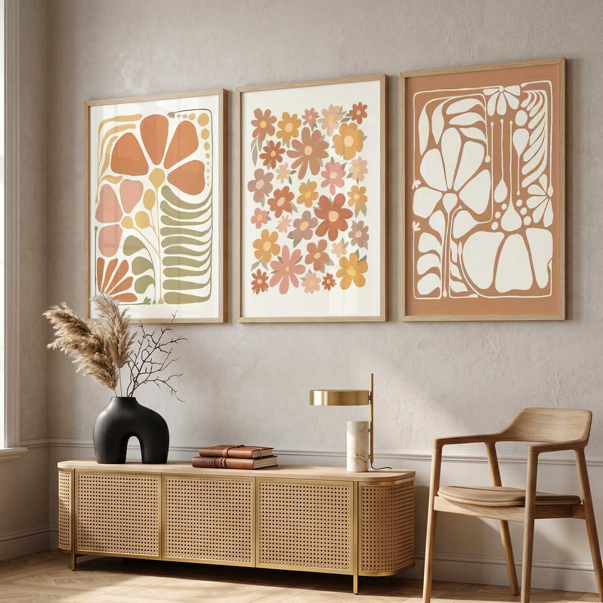 Earthy Abstract Floral Wall Art Set of 3 Framed Prints