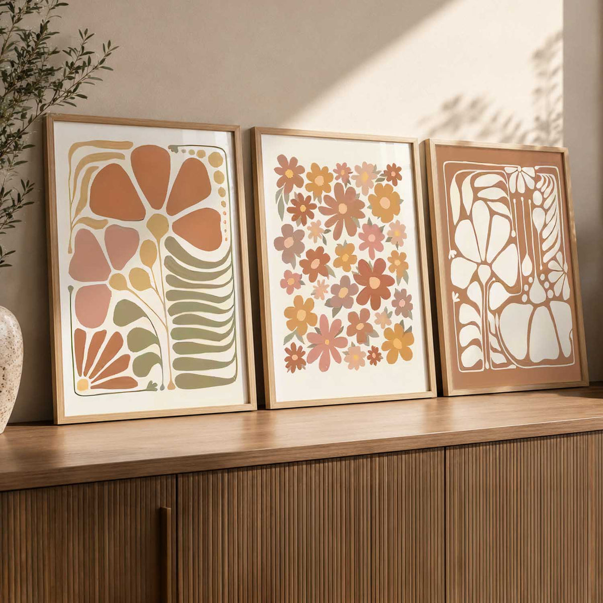 Earthy Abstract Floral Wall Art Set of 3 Framed Prints