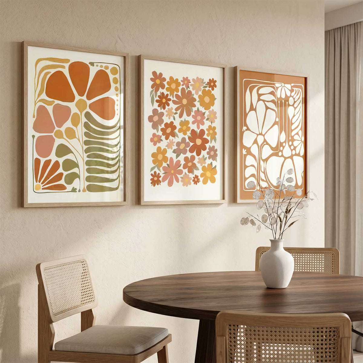 Earthy Abstract Floral Wall Art Set of 3 Framed Prints