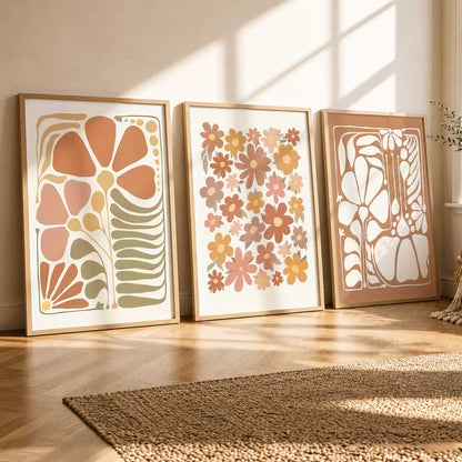 Earthy Abstract Floral Wall Art Set of 3 Framed Prints