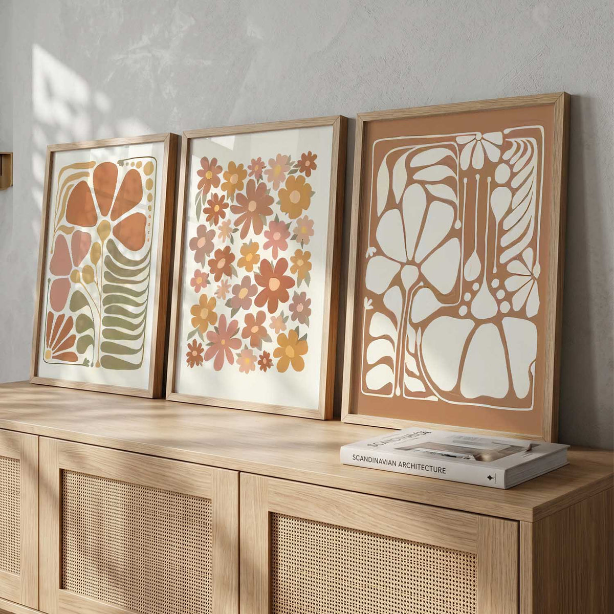 Earthy Abstract Floral Wall Art Set of 3 Framed Prints
