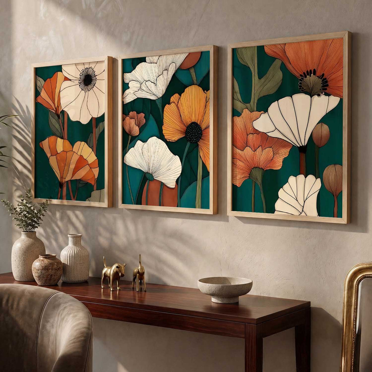 Earthy Floral Wall Art Set of 3 Framed Prints