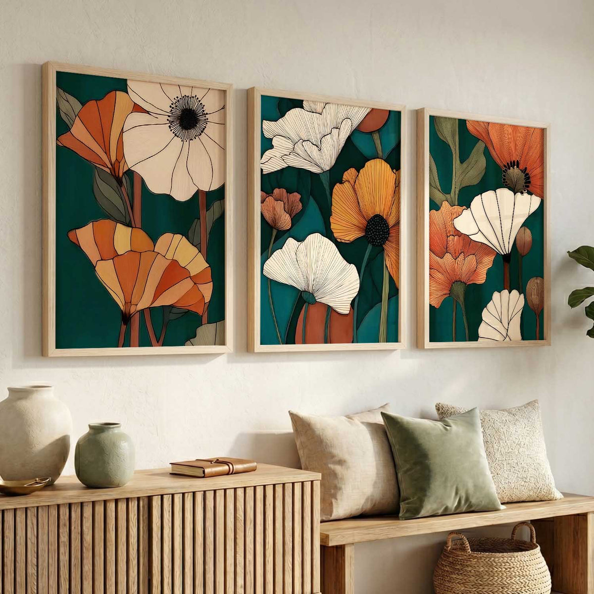 Earthy Floral Wall Art Set of 3 Framed Prints