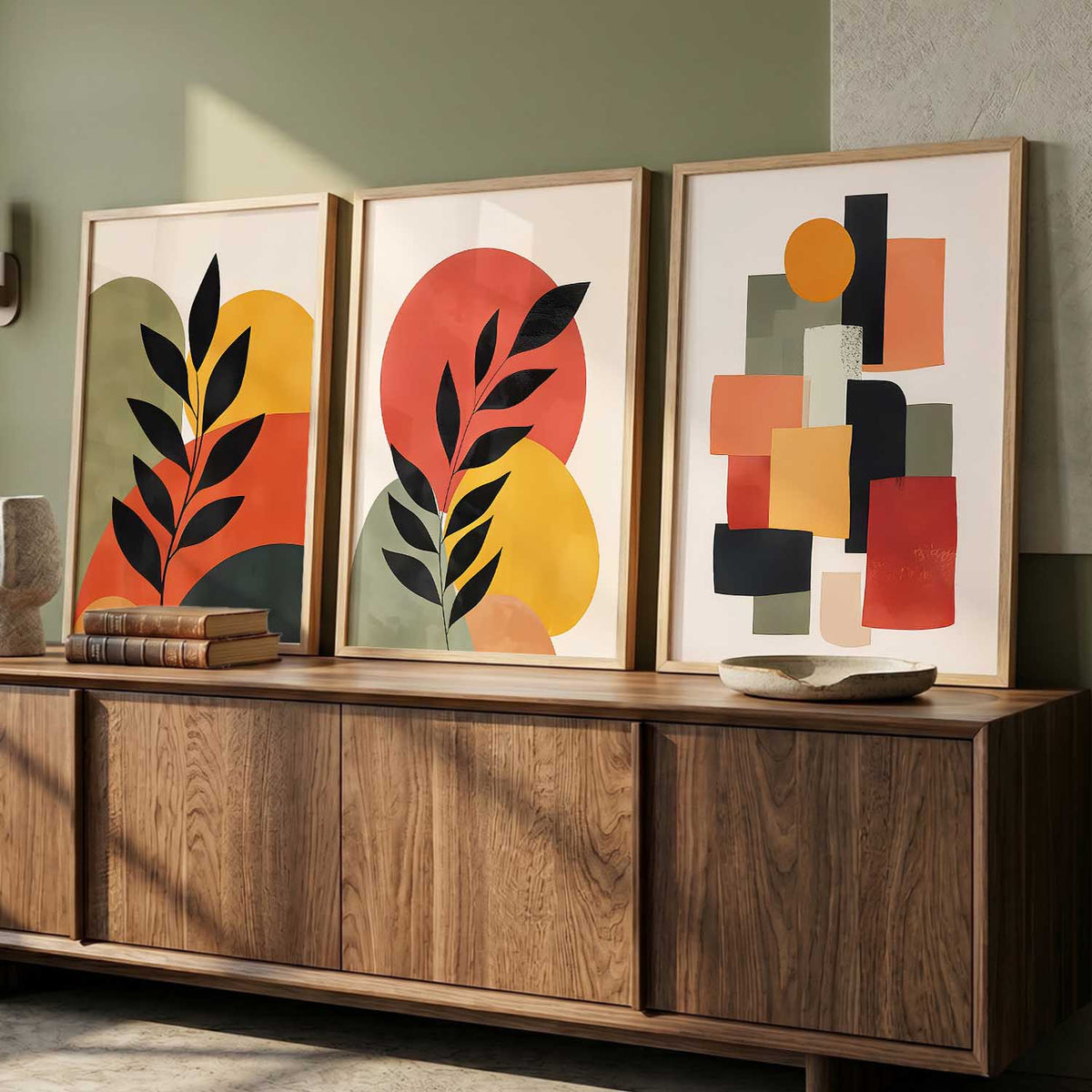 Earthy Leaf Silhouette Wall Art Set of 3 Framed Prints