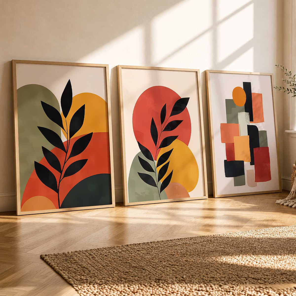 Earthy Leaf Silhouette Wall Art Set of 3 Framed Prints