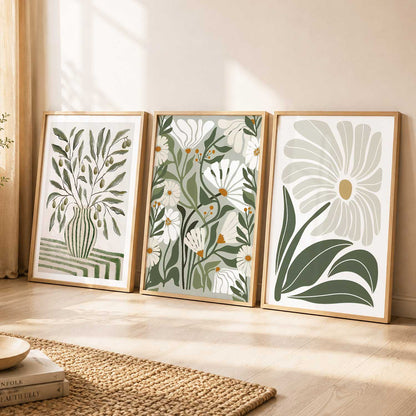 Green Cream Floral Wall Art Set of 3 Framed Prints