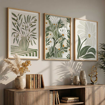 Green Cream Floral Wall Art Set of 3 Framed Prints