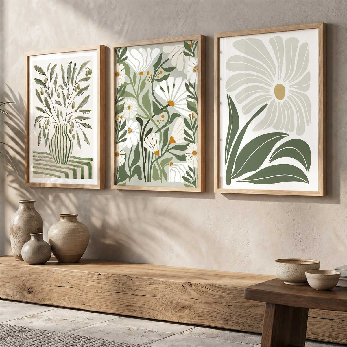 Green Cream Floral Wall Art Set of 3 Framed Prints