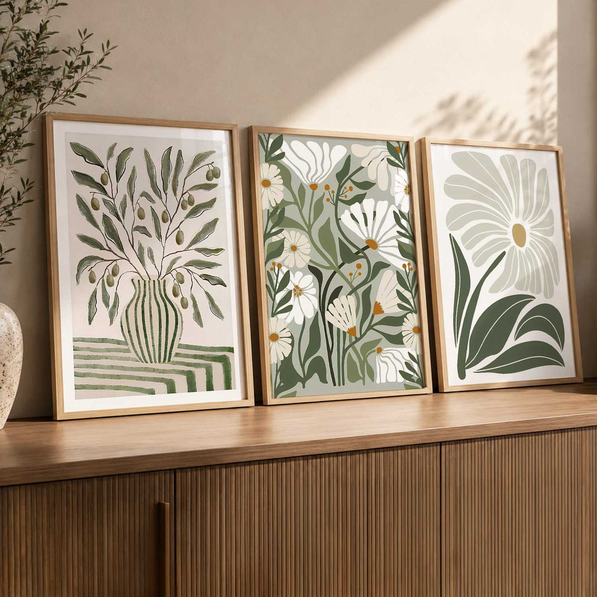 Green Cream Floral Wall Art Set of 3 Framed Prints