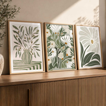 Green Cream Floral Wall Art Set of 3 Framed Prints